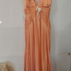 Beautiful Tangerine Orange Evening Gown Trimmed With Sequins & Chiffon Flounce